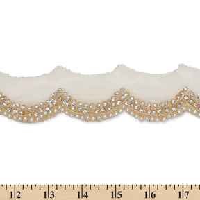 2 Inch Scalloped Regal Rhinestones Beads Metallic Cording On Polyester Mesh Trim SV582085 Beige A9
