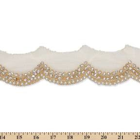 3 Inch Scalloped Regal Rhinestones Beads Metallic Cording On Polyester Mesh Trim SV581904 Beige A9