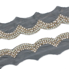 2 Inch Scalloped Regal Rhinestones Beads Metallic Cording On Polyester Mesh Trim SV582086 Black A1