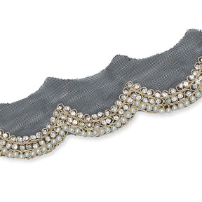 2 Inch Scalloped Regal Rhinestones Beads Metallic Cording On Polyester Mesh Trim SV582086 Black A2