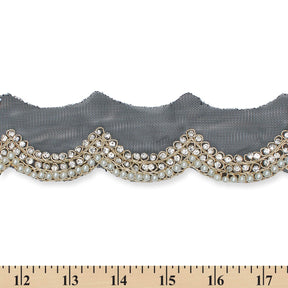 2 Inch Scalloped Regal Rhinestones Beads Metallic Cording On Polyester Mesh Trim SV582086 Black A9