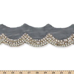 3 Inch Scalloped Regal Rhinestones Beads Metallic Cording On Polyester Mesh Trim SV581905 Black A9
