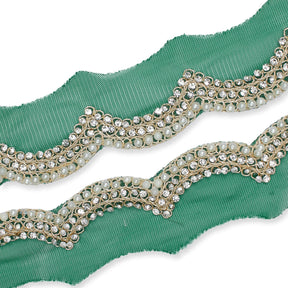2 Inch Scalloped Regal Rhinestones Beads Metallic Cording On Polyester Mesh Trim SV582087 Hunter Green A1