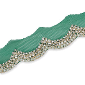 2 Inch Scalloped Regal Rhinestones Beads Metallic Cording On Polyester Mesh Trim SV582087 Hunter Green A2