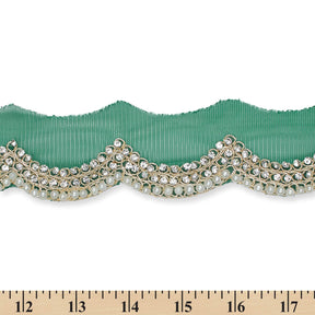 2 Inch Scalloped Regal Rhinestones Beads Metallic Cording On Polyester Mesh Trim SV582087 Hunter Green A9