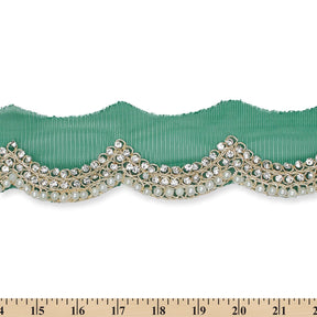 3 Inch Scalloped Regal Rhinestones Beads Metallic Cording On Polyester Mesh Trim SV581906 Hunter Green A9