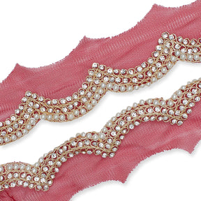 3 Inch Scalloped Regal Rhinestones Beads Metallic Cording On Polyester Mesh Trim SV581907 Burgundy A1