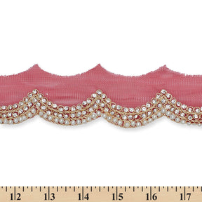 2 Inch Scalloped Regal Rhinestones Beads Metallic Cording On Polyester Mesh Trim SV582088 Burgundy A9