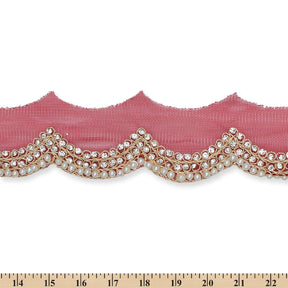 3 Inch Scalloped Regal Rhinestones Beads Metallic Cording On Polyester Mesh Trim SV581907 Burgundy A9