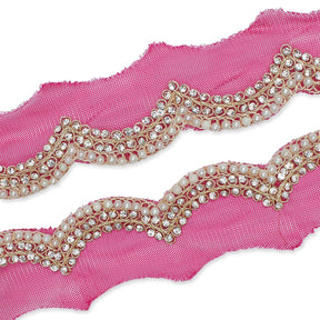 2 Inch Scalloped Regal Rhinestones Beads Metallic Cording On Polyester Mesh Trim SV582089 Fuchsia A1