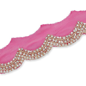 2 Inch Scalloped Regal Rhinestones Beads Metallic Cording On Polyester Mesh Trim SV582089 Fuchsia A2