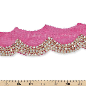 3 Inch Scalloped Regal Rhinestones Beads Metallic Cording On Polyester Mesh Trim SV581908 Fuchsia A9