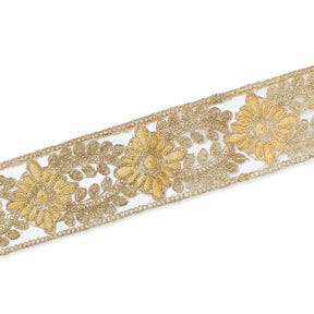 2.5 Inch Floral Metallic Corded Embroidery On Mesh Lace Trim Image A3