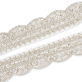 2 Inch Beaded Pearl Metallic Corded Embroidery On Scalloped Mesh Fabric Trim SV582488 Silver Image A4