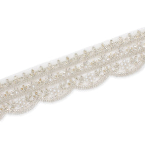 2 Inch Beaded Pearl Metallic Corded Embroidery On Scalloped Mesh Fabric Trim SV582488 Silver Image A3