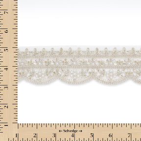 2 Inch Beaded Pearl Metallic Corded Embroidery On Scalloped Mesh Fabric Trim SV582488 Silver Image A9