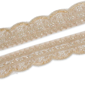 2 Inch Beaded Pearl Metallic Corded Embroidery On Scalloped Mesh Fabric Trim SV582489 Champagne Image A4