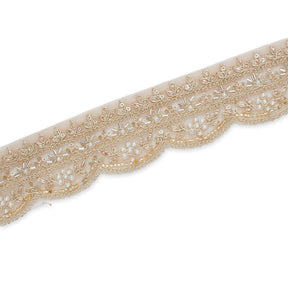 2 Inch Beaded Pearl Metallic Corded Embroidery On Scalloped Mesh Fabric Trim SV582489 Champagne Image A3