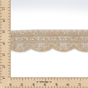 2 Inch Beaded Pearl Metallic Corded Embroidery On Scalloped Mesh Fabric Trim SV582489 Champagne Image A9