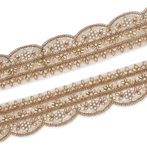 2 Inch Beaded Pearl Metallic Corded Embroidery On Scalloped Mesh Fabric Trim SV582490 Antique Gold Image A4