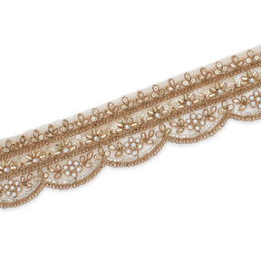2 Inch Beaded Pearl Metallic Corded Embroidery On Scalloped Mesh Fabric Trim SV582490 Antique Gold Image A3