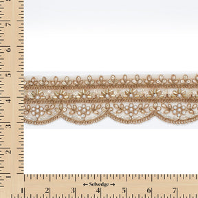 2 Inch Beaded Pearl Metallic Corded Embroidery On Scalloped Mesh Fabric Trim SV582490 Antique Gold Image A9