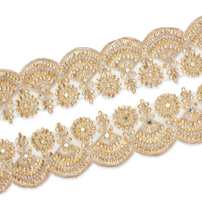 2.5 Inch Floral Metallic Cording With Rhinestones & Embroidery On Mesh Fabric Trim SV582527 Champagne A4