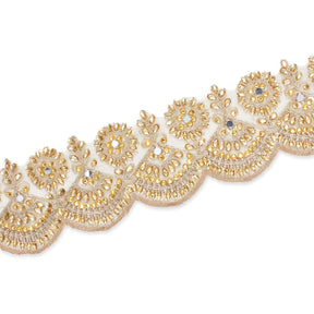 2.5 Inch Floral Metallic Cording With Rhinestones & Embroidery On Mesh Fabric Trim SV582527 Champagne A3