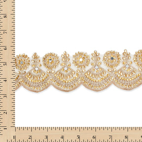 2.5 Inch Floral Metallic Cording With Rhinestones & Embroidery On Mesh Fabric Trim SV582527 Champagne A9