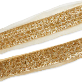1.25 Inch Beaded Rhinestone Glitter Infused Iron On Single Fold Mesh Fabric Trim SV582895 Gold Image A4
