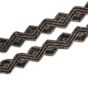 1.25 Inch Beaded Rhinestone Glitter Infused Iron On Scalloped Mesh Fabric Trim SV582902 Gold / Black Image A4