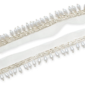 1.25 Inch Beaded Tassel Fringe On Sheer Mesh Fabric Trim SV582903 White Image A4
