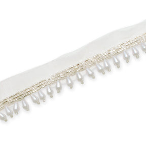 1.25 Inch Beaded Tassel Fringe On Sheer Mesh Fabric Trim SV582903 White Image A3