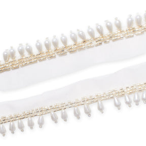 1.25 Inch Beaded Tassel Fringe On Sheer Mesh Fabric Trim SV582904 Pearl White Image A3