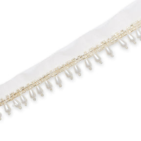 1.25 Inch Beaded Tassel Fringe On Sheer Mesh Fabric Trim SV582904 Pearl White Image A3