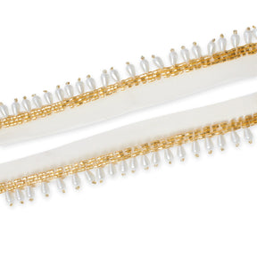 1.25 Inch Beaded Tassel Fringe On Sheer Mesh Fabric Trim SV582905 Antique Gold Image A4