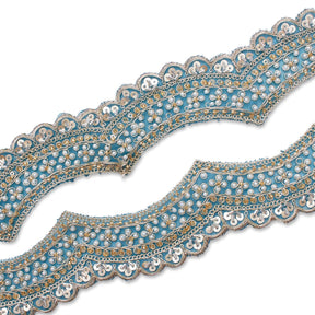2.5 Inch Beaded Sequin Metallic Cording On Scalloped Mesh Lace Fabric Trim SV582991 Blue Image A4