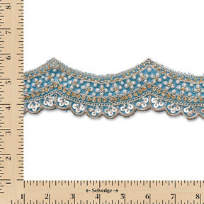 2.5 Inch Beaded Sequin Metallic Cording On Scalloped Mesh Lace Fabric Trim SV582991 Blue Image A9