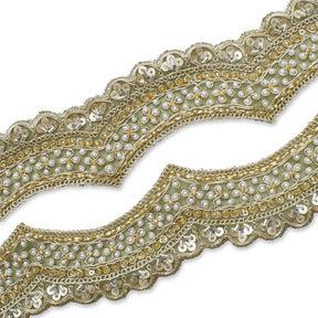 2.5 Inch Beaded Sequin Metallic Cording On Scalloped Mesh Lace Fabric Trim SV582994 Olive Image A4