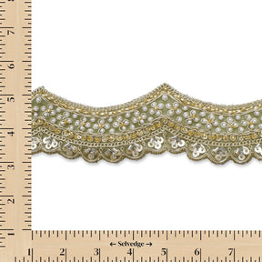 2.5 Inch Beaded Sequin Metallic Cording On Scalloped Mesh Lace Fabric Trim SV582994 Olive Image A9
