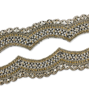 2.5 Inch Beaded Sequin Metallic Cording On Scalloped Mesh Lace Fabric Trim SV582995 Black Image A4