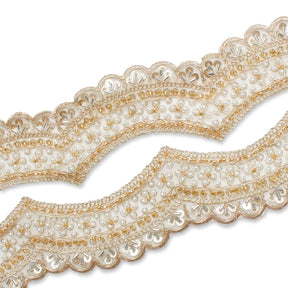 2.5 Inch Beaded Sequin Metallic Cording On Scalloped Mesh Lace Fabric Trim SV582996 Beige Image A4