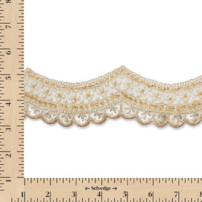 2.5 Inch Beaded Sequin Metallic Cording On Scalloped Mesh Lace Fabric Trim SV582996 Beige Image A9