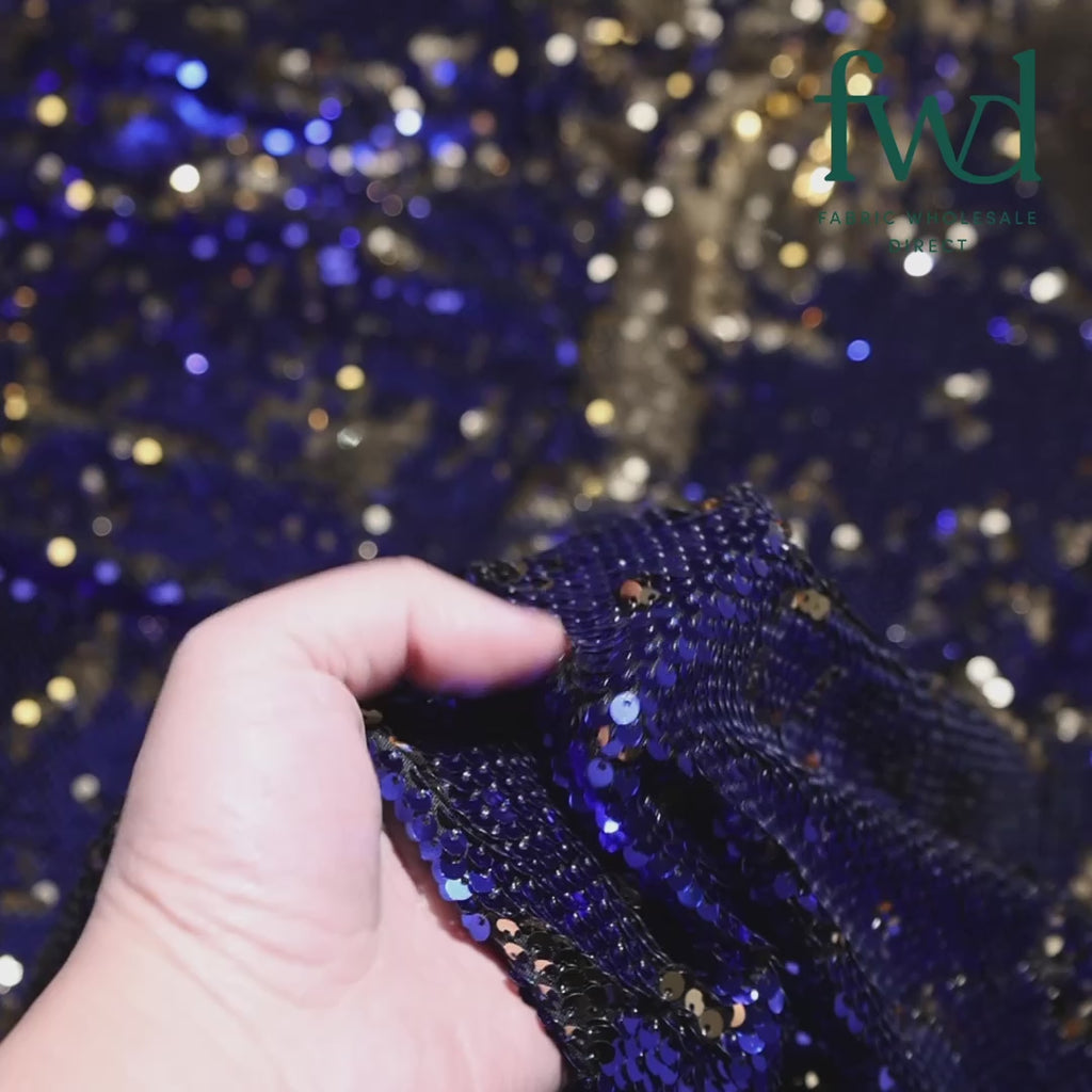 Two-Sided Reversible Sequins On Stretch Mesh Gold / Royal Blue Fabric Video|SV574631
