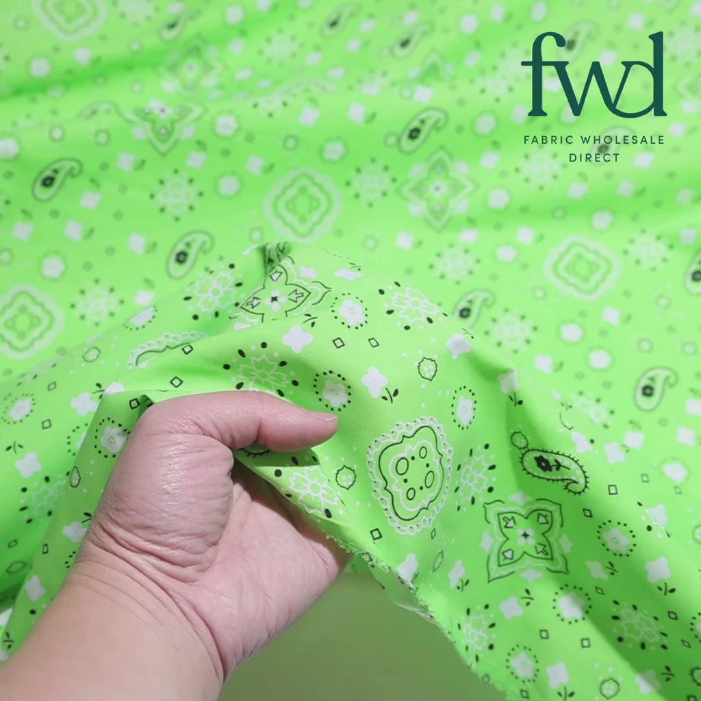 Paisley Print Bandana Broadcloth (60 Inches) Lime Green Fabric Video|SV580197
