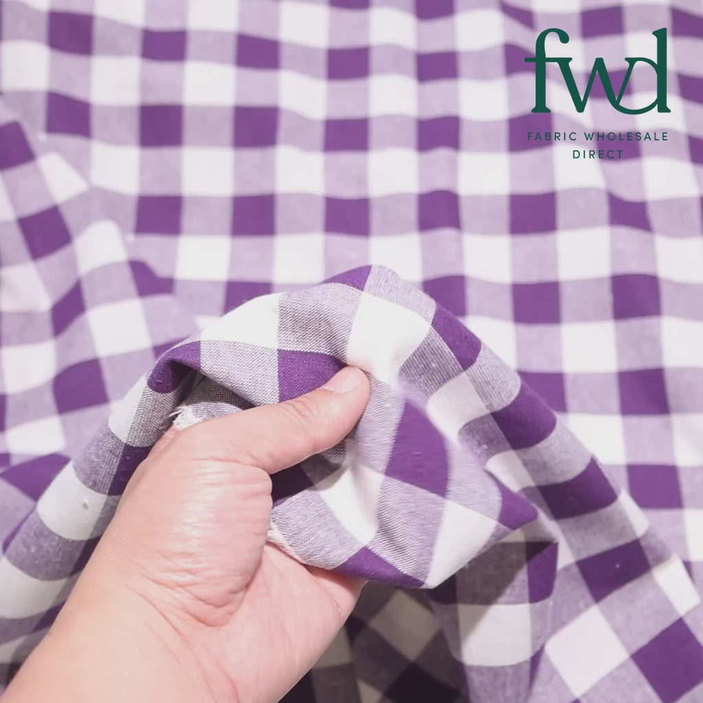 Gingham 1 Inch Check Yarn Dyed Broadcloth Fabric Purple / White Video|SV582698