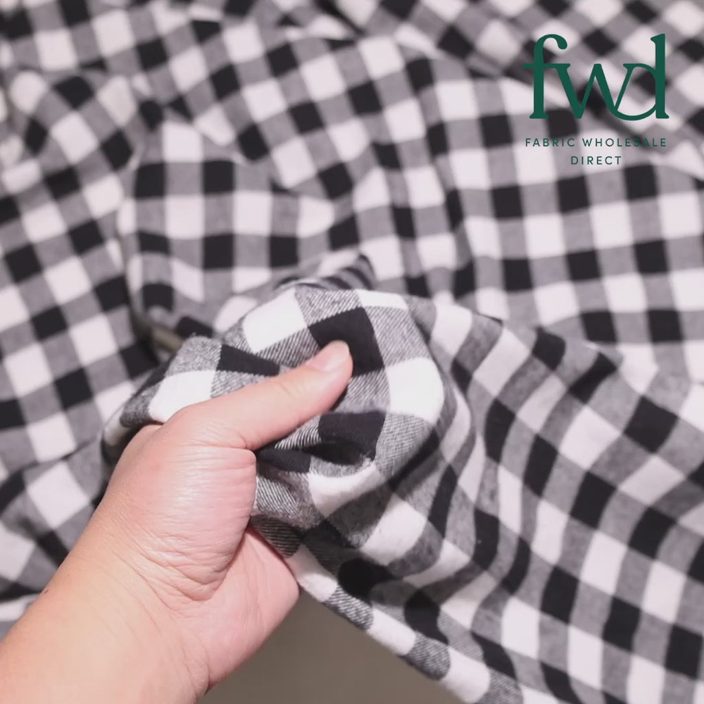 Charley Gingham Buffalo 1 Inch Check Plaid Brushed Cotton Flannel White / Black Fabric Video|SV582112
