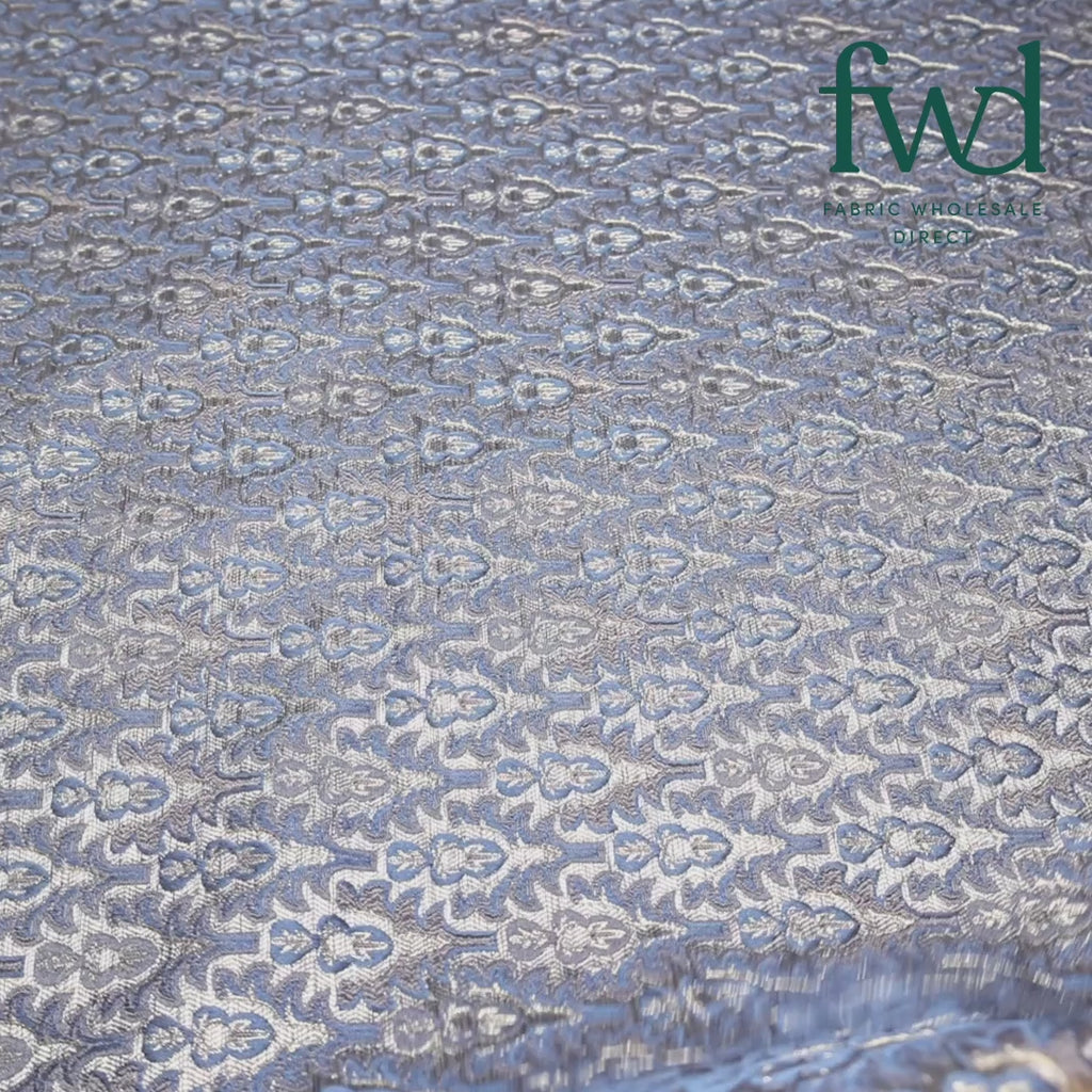 Arbor Bloom Extra Wide Metallic Damask Upholstery Jacquard Blue Fabric Video|SV581145