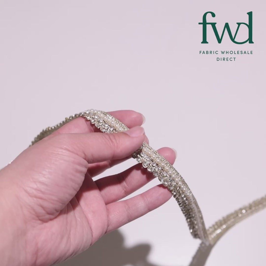 1/2 Inch Pearly Diamond Rhinestone Metallic Ribbon Fabric Trim Gold Video|SV582740