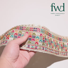 3 Inch Geometric Floral Sequined Metallic Embroidery On Hemmed Woven Fabric Trim Cream Video|SV582498
